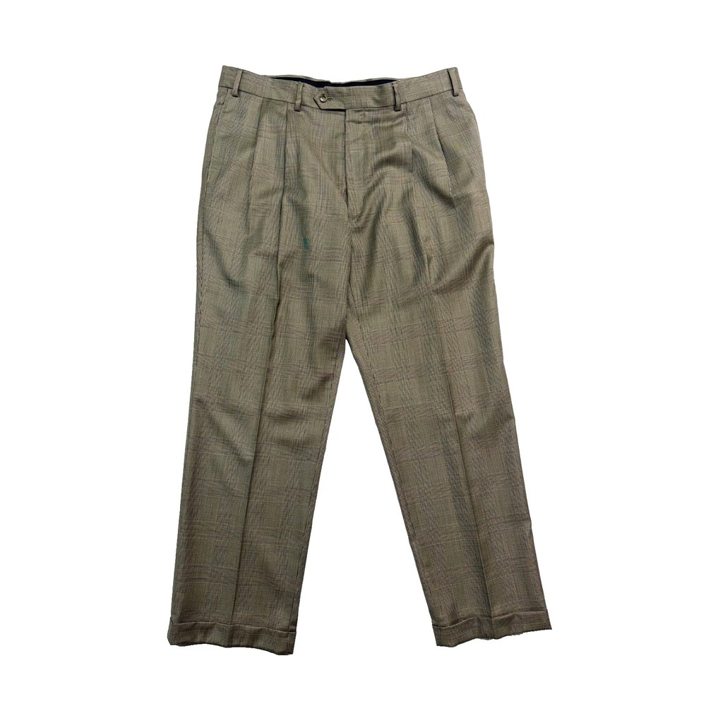 Jos A Bank 38x32 Taupe Glen Plaid Dress Suit Pants Trouser Pleated Cuffed Wool